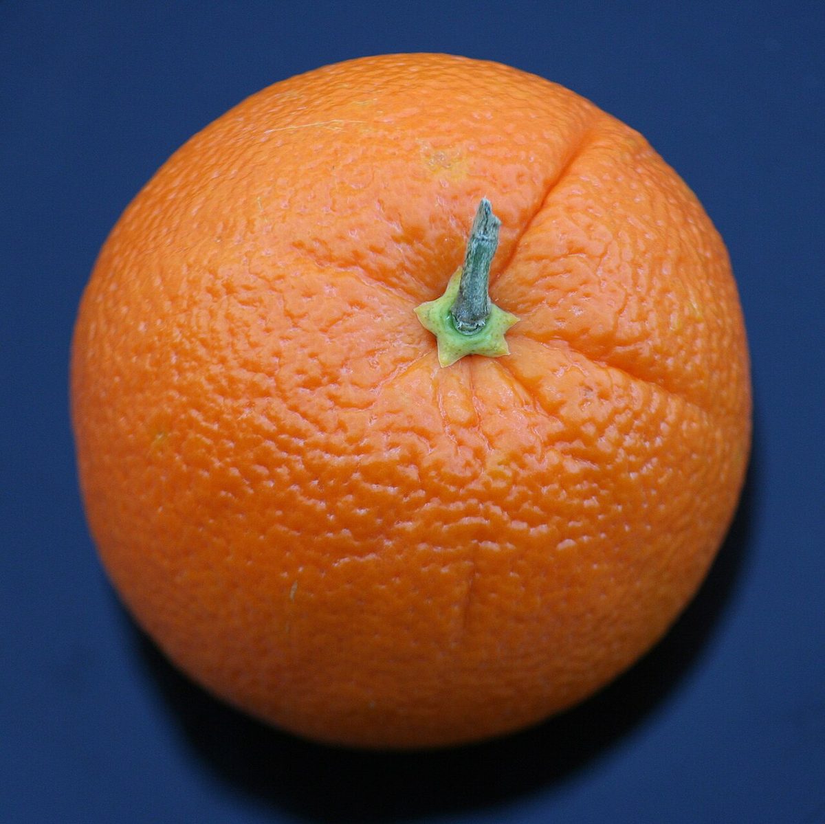 Whole orange with textured peel and a short green stem against a dark navy background