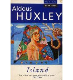 Flamingo Modern Classic cover of Aldous Huxley’s Island with a portrait and coiled serpent illustration